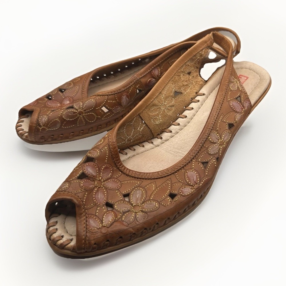 Pikolinos Brown Leather Floral Cutout Peep Toe Slingback Sandals EU 42 11-11.5